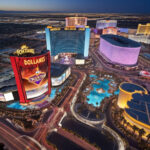 AI image of a Vegas Strip Casino near Fontainebleau with several luxury hotels, a retail plaza and basketball arena